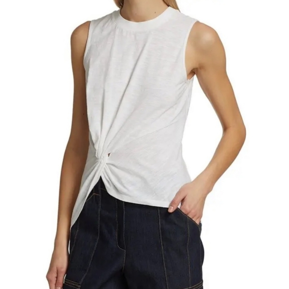 CINQ A SEPT Miranda Sleeveless White Slub Cotton Twist Detail Tee Tank Top S